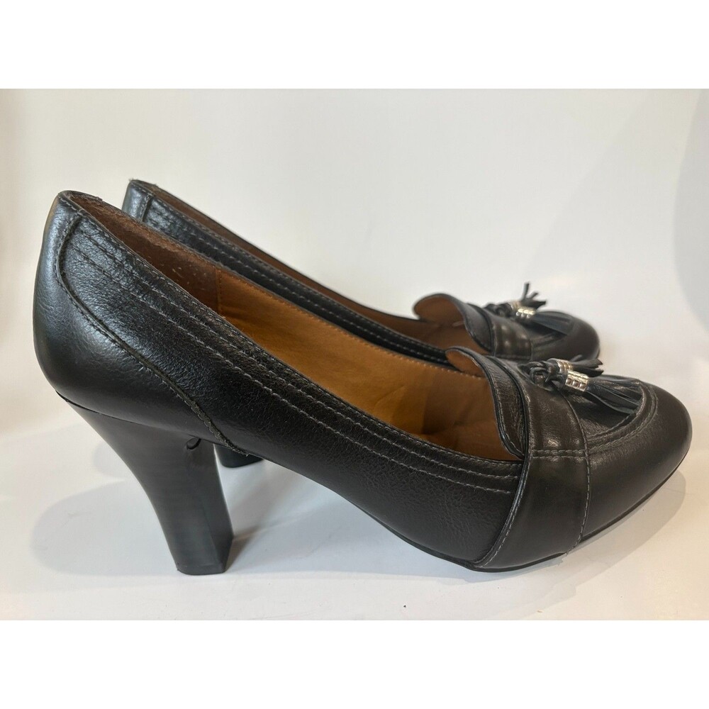 Eurosoft by Sofft Womens 9.5 M Black Leather Tassel Loafer Pumps Block Heels